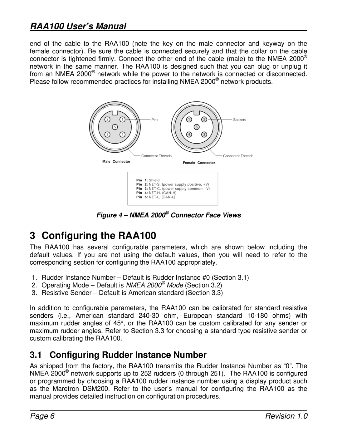 Maretron M001101 user manual Configuring the RAA100, Configuring Rudder Instance Number 