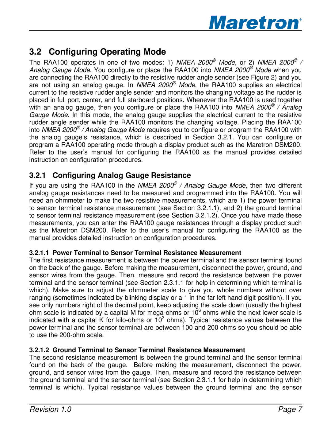 Maretron M001101 user manual Configuring Operating Mode, Configuring Analog Gauge Resistance 