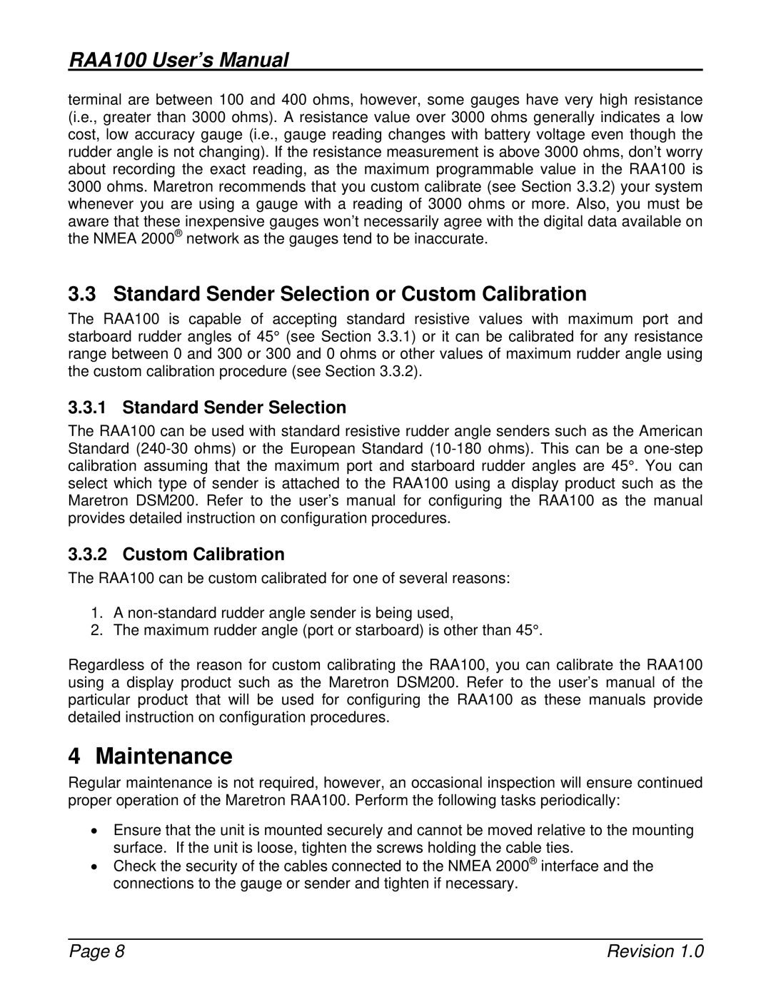 Maretron M001101 user manual Maintenance, Standard Sender Selection or Custom Calibration 