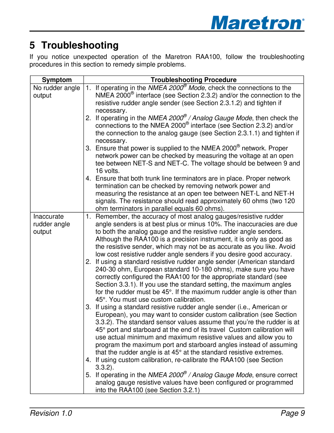 Maretron M001101 user manual Symptom, Troubleshooting Procedure 