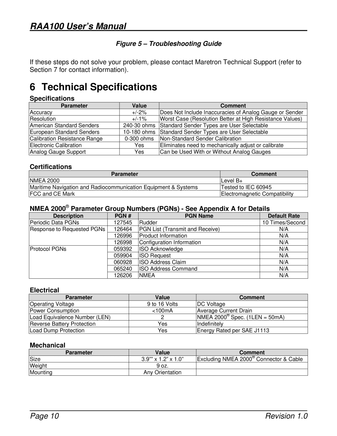 Maretron M001101 user manual Technical Specifications, Certifications, Electrical, Mechanical 