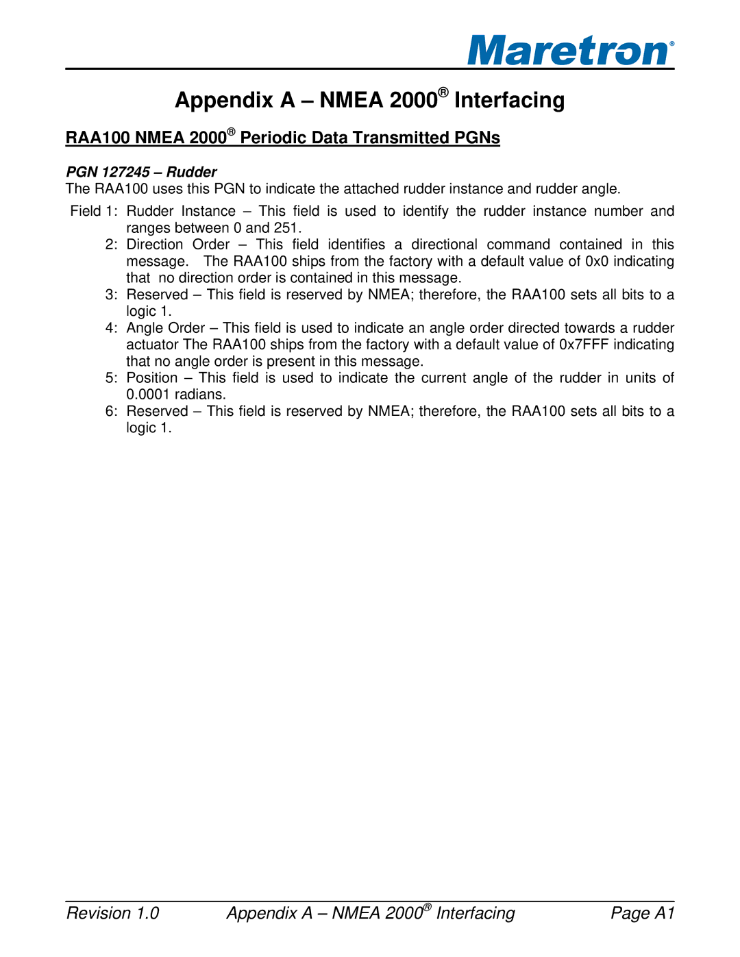 Maretron M001101 user manual Appendix a Nmea 2000 Interfacing, RAA100 Nmea 2000 Periodic Data Transmitted PGNs 