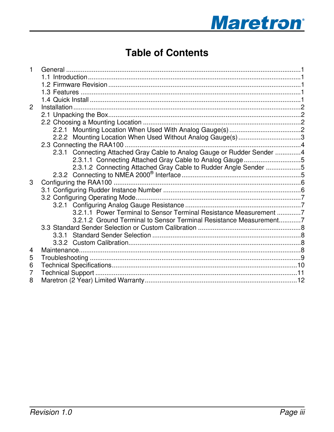 Maretron M001101 user manual Table of Contents 