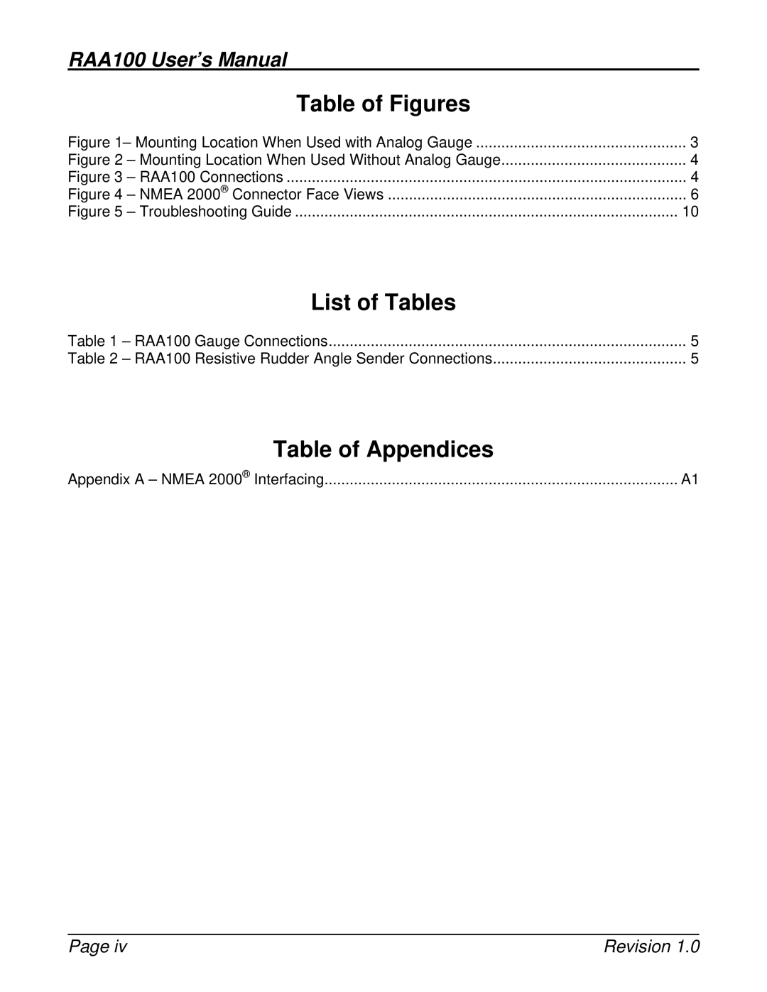 Maretron M001101 user manual Table of Figures, List of Tables, Table of Appendices 