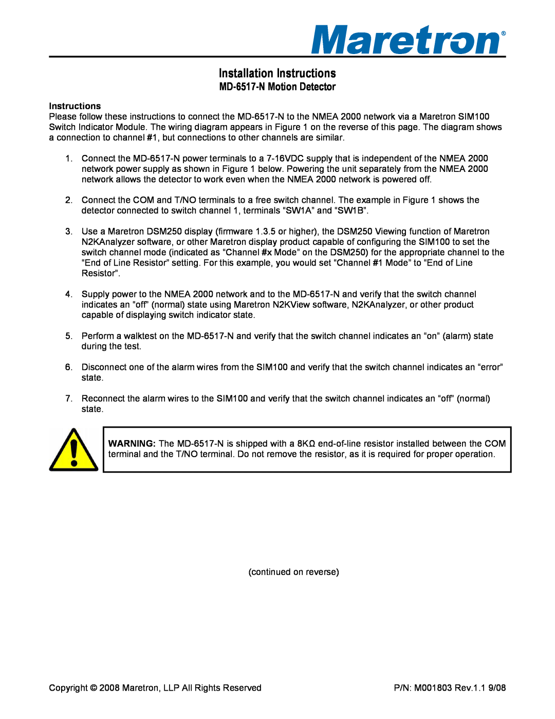 Maretron installation instructions MD-6517-NMotion Detector, Installation Instructions 