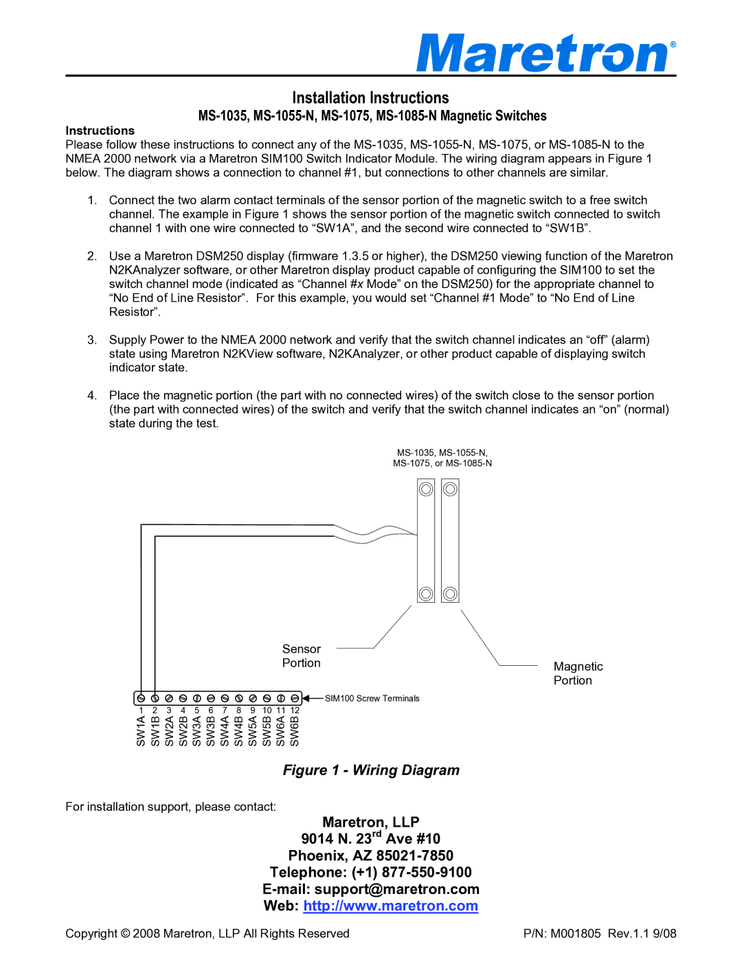 Maretron MS-1085-N, MS-1075 installation instructions Installation Instructions, Maretron, LLP Rd Ave #10 Phoenix, AZ 