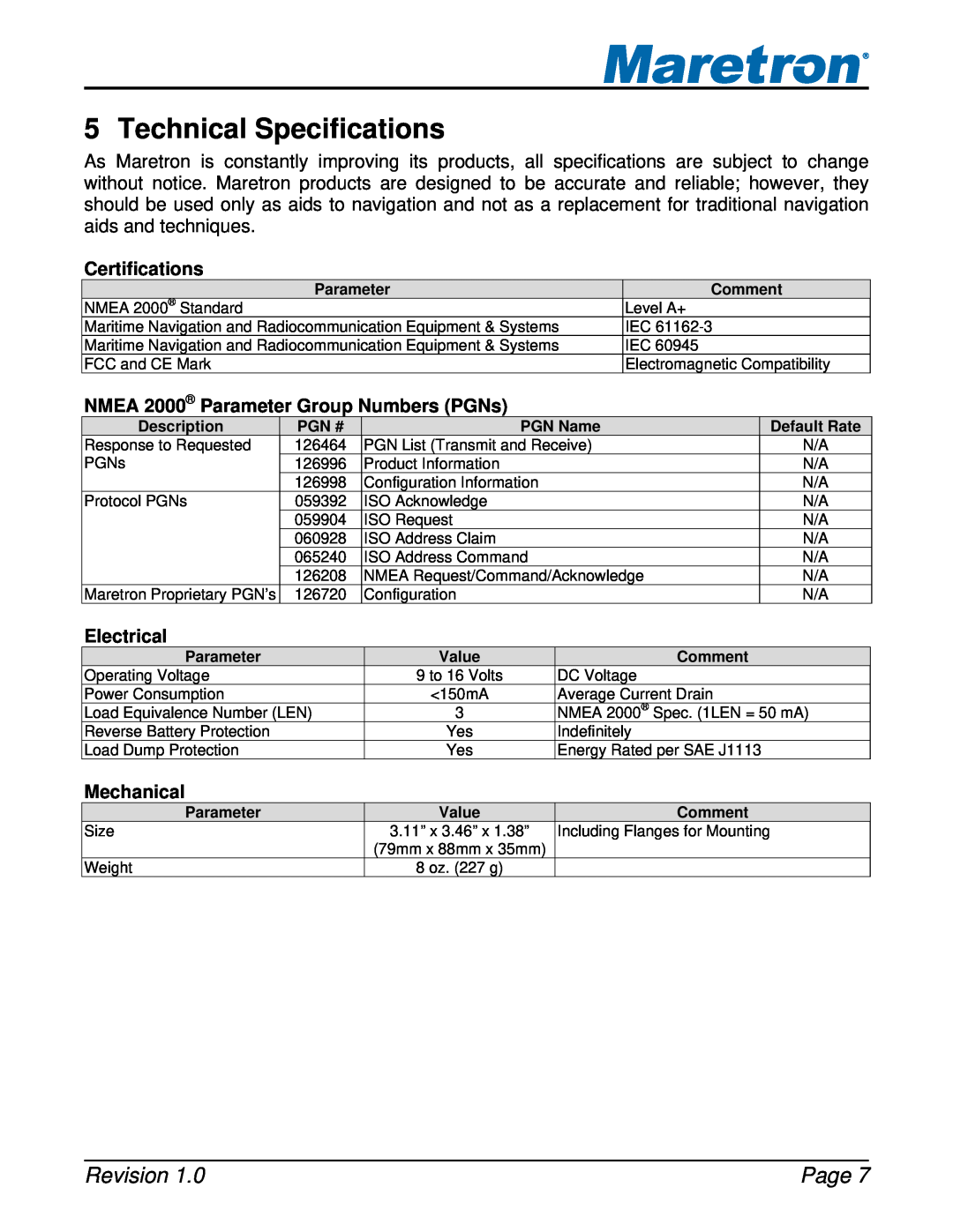 Maretron NBE100 Technical Specifications, Certifications, NMEA 2000 Parameter Group Numbers PGNs, Electrical, Mechanical 