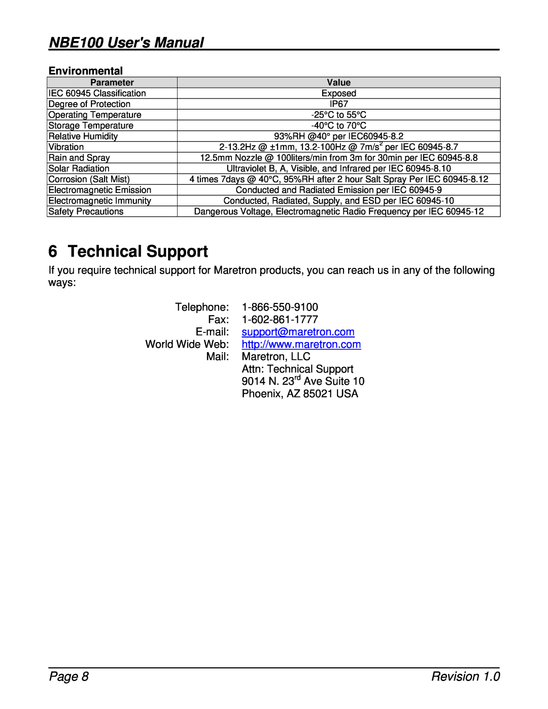 Maretron NBE100 user manual Technical Support, Environmental, Page, Revision, support@maretron.com 