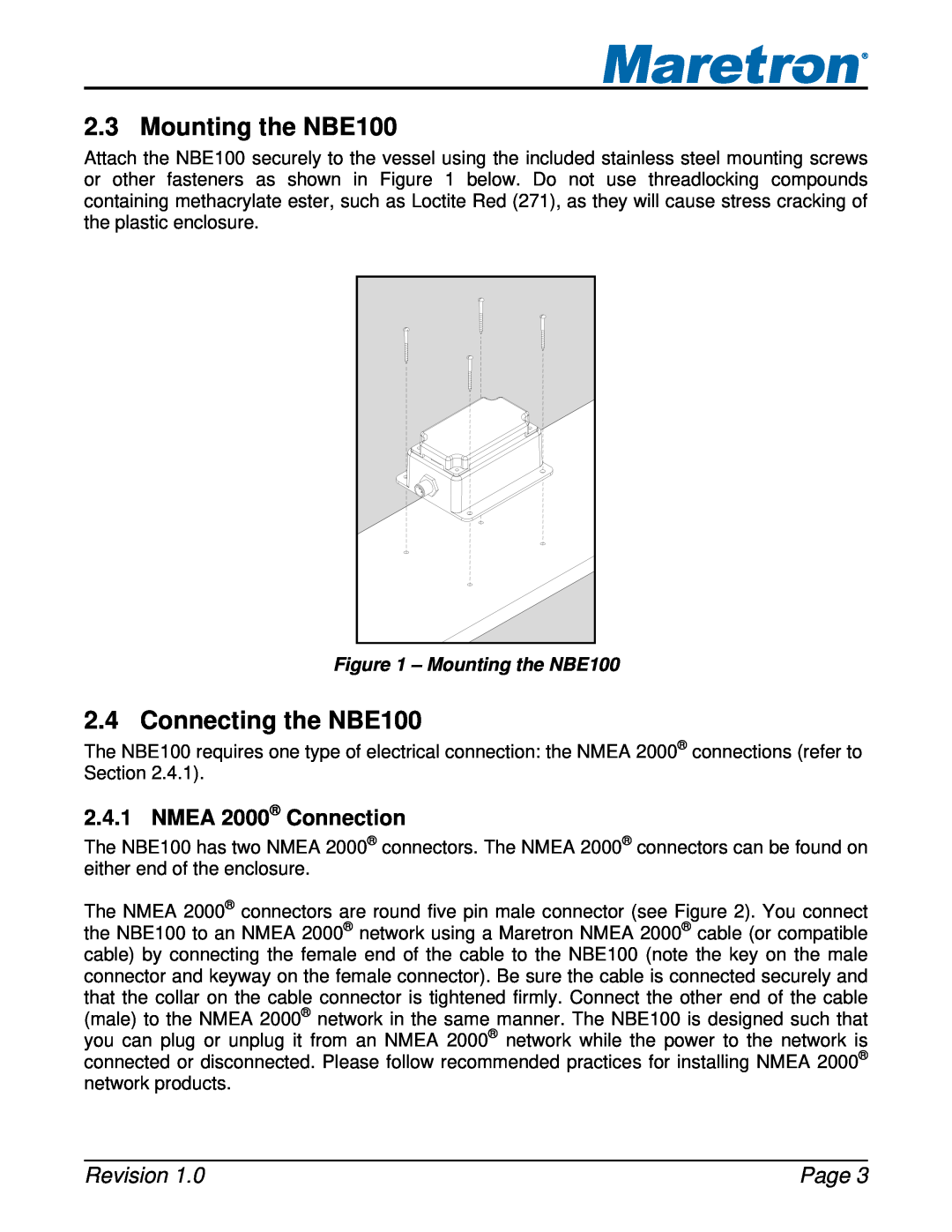 Maretron user manual Mounting the NBE100, Connecting the NBE100, NMEA 2000 Connection, Revision, Page 