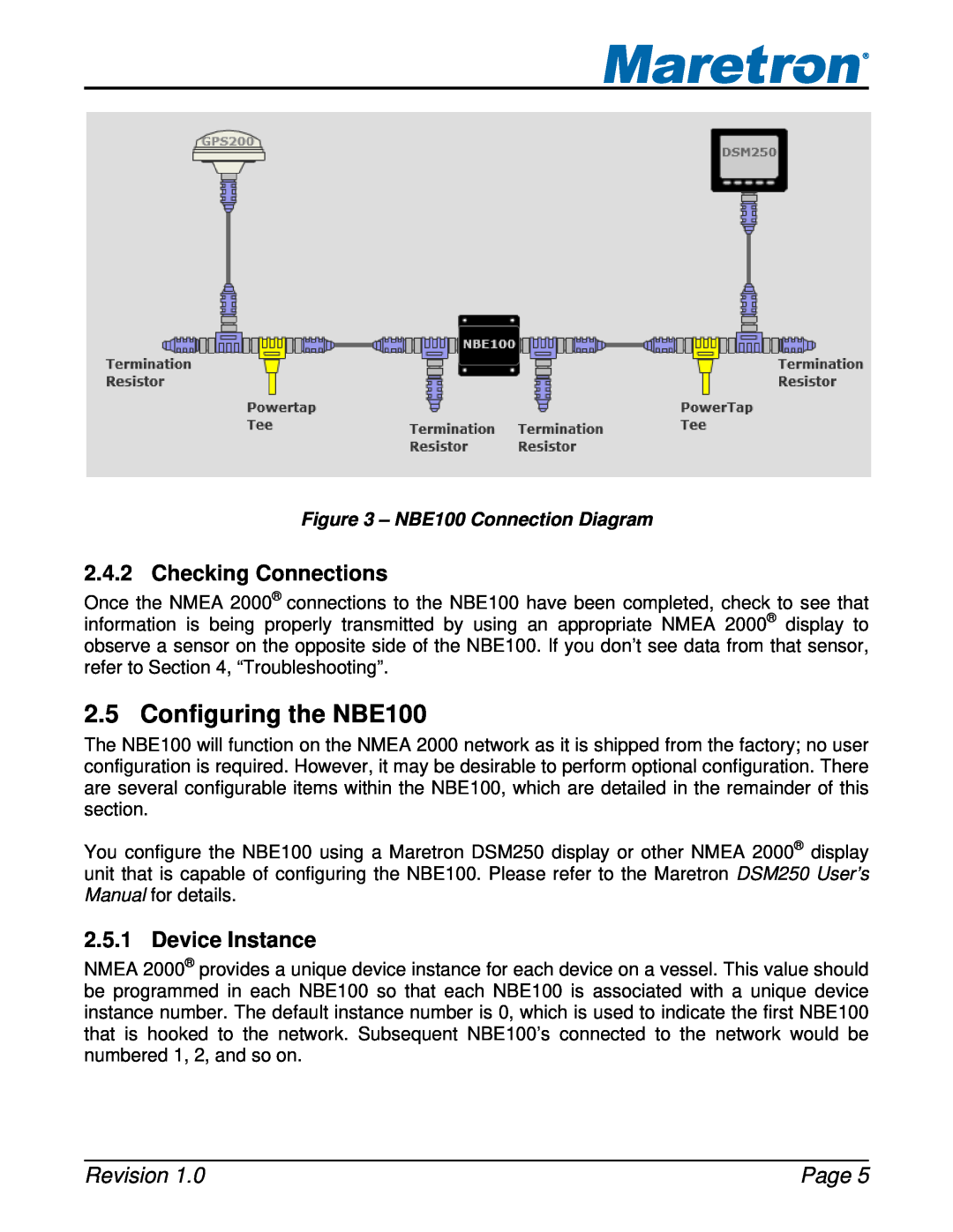 Maretron Configuring the NBE100, Checking Connections, Device Instance, NBE100 Connection Diagram, Revision, Page 