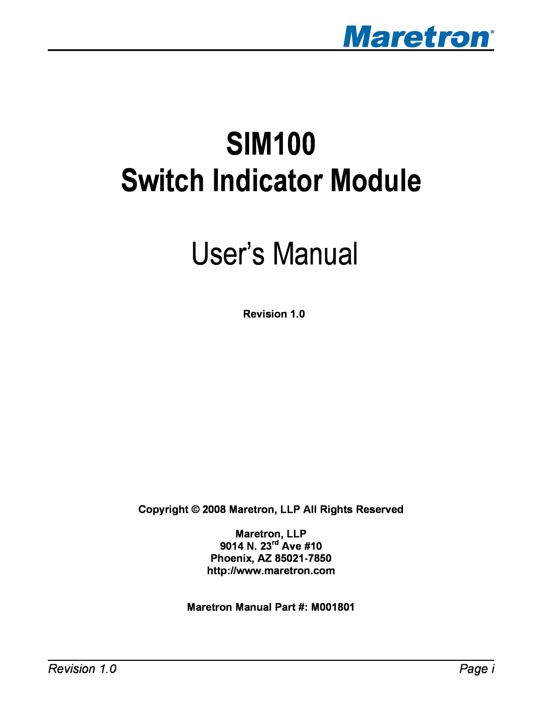Maretron SIM100 user manual Page, Revision Copyright 2008 Maretron, LLP All Rights Reserved, Maretron Manual M001801 