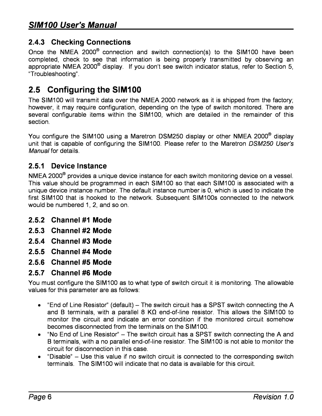 Maretron user manual Configuring the SIM100, Checking Connections, Device Instance, SIM100 Users Manual, Page, Revision 