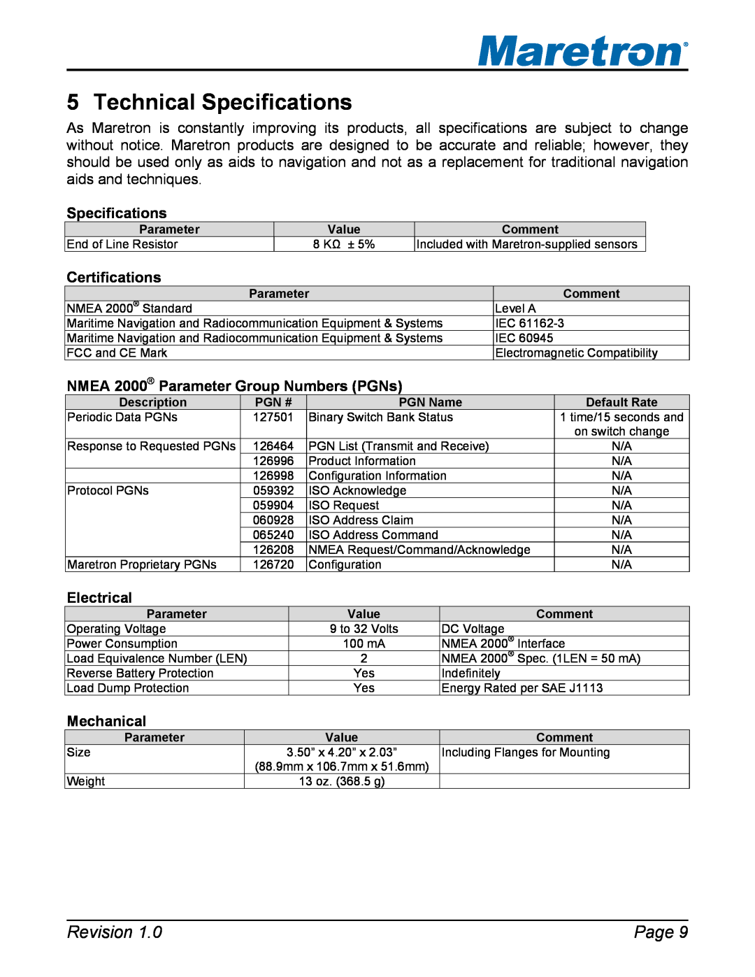 Maretron SIM100 Technical Specifications, Certifications, NMEA 2000 Parameter Group Numbers PGNs, Electrical, Mechanical 