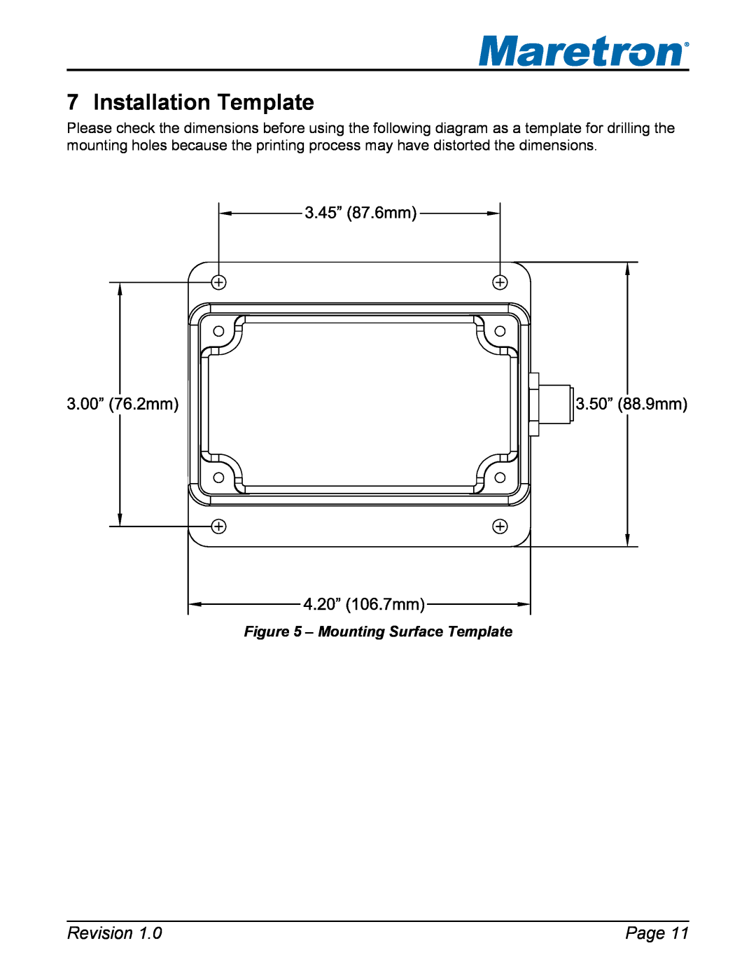 Maretron SIM100 user manual Installation Template, Mounting Surface Template, Revision, Page 
