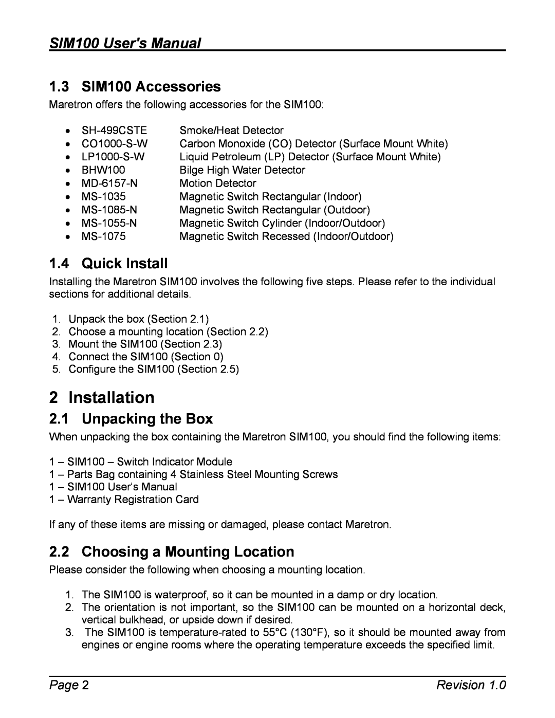 Maretron Installation, 1.3 SIM100 Accessories, Quick Install, Unpacking the Box, Choosing a Mounting Location, Page 