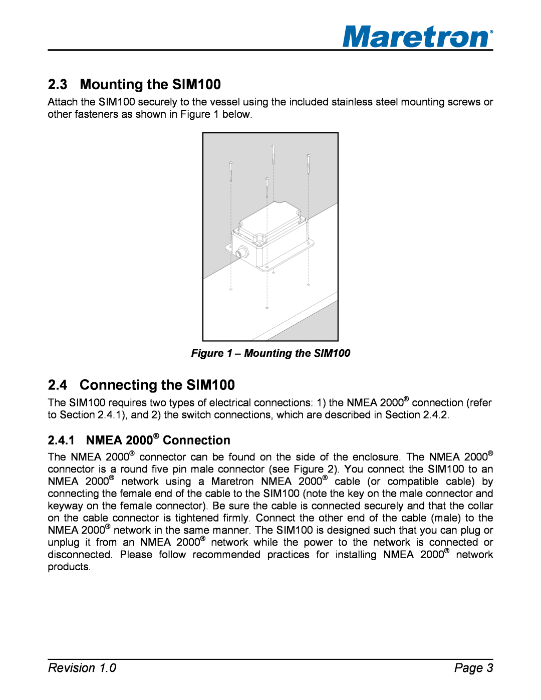Maretron user manual Mounting the SIM100, Connecting the SIM100, NMEA 2000 Connection, Revision, Page 
