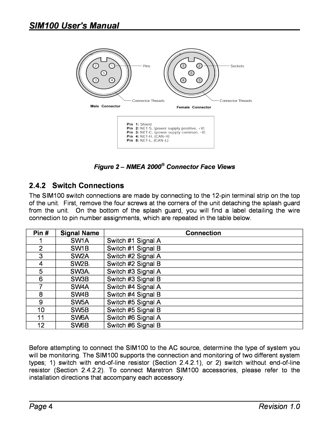 Maretron Switch Connections, NMEA 2000 Connector Face Views, Pin # Signal Name, SIM100 Users Manual, Page, Revision 