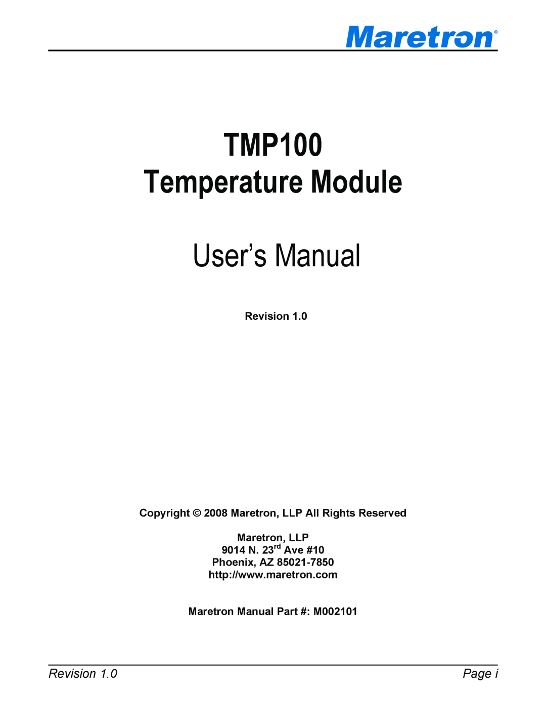 Maretron TP-EGT-1 user manual Page, Revision Copyright 2008 Maretron, LLP All Rights Reserved, Maretron Manual M002101 