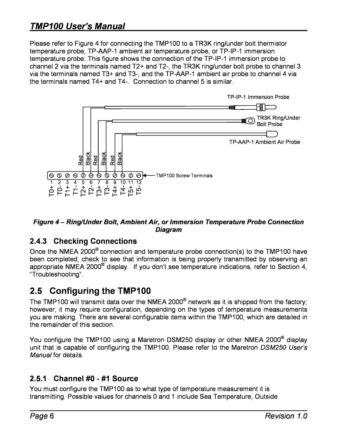 Maretron TP-EGT-1 Configuring the TMP100, Checking Connections, Channel #0 - #1 Source, TMP100 Users Manual, Page 