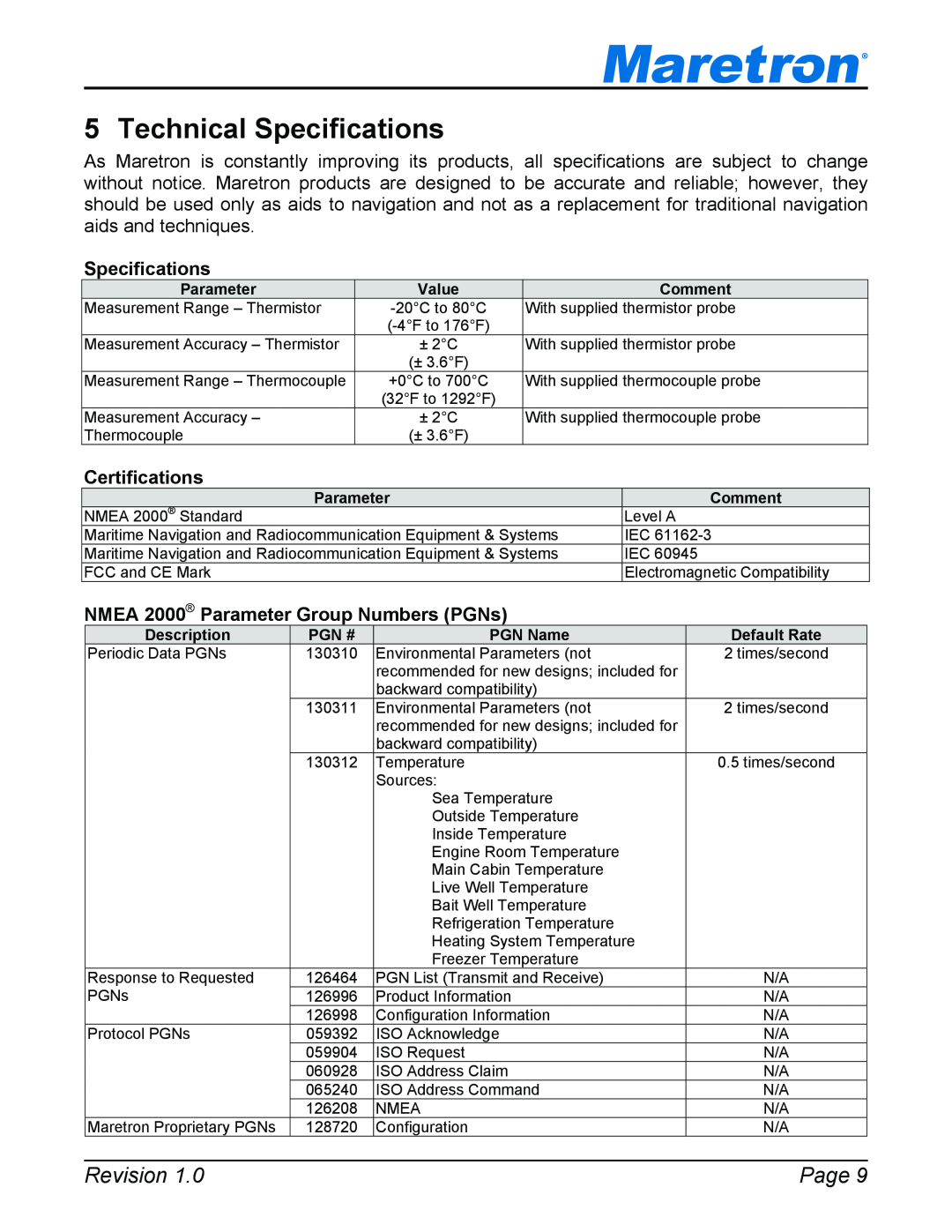 Maretron TP-EGT-1 Technical Specifications, Certifications, NMEA 2000 Parameter Group Numbers PGNs, Revision, Page, Value 