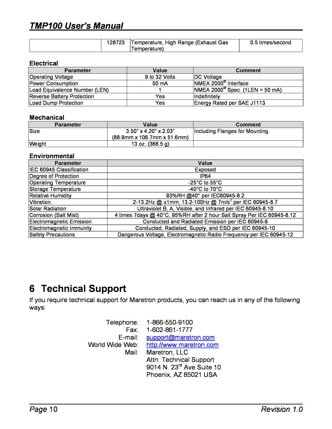 Maretron TP-EGT-1 user manual Technical Support, Electrical, Mechanical, Environmental, TMP100 Users Manual, Page, Revision 