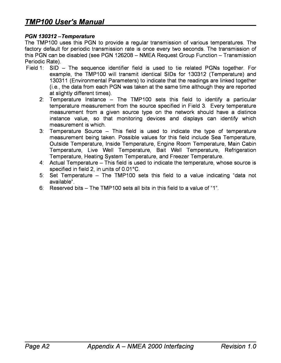 Maretron TP-EGT-1 Page A2, TMP100 Users Manual, Appendix A - NMEA 2000 Interfacing, Revision, PGN 130312 -Temperature 