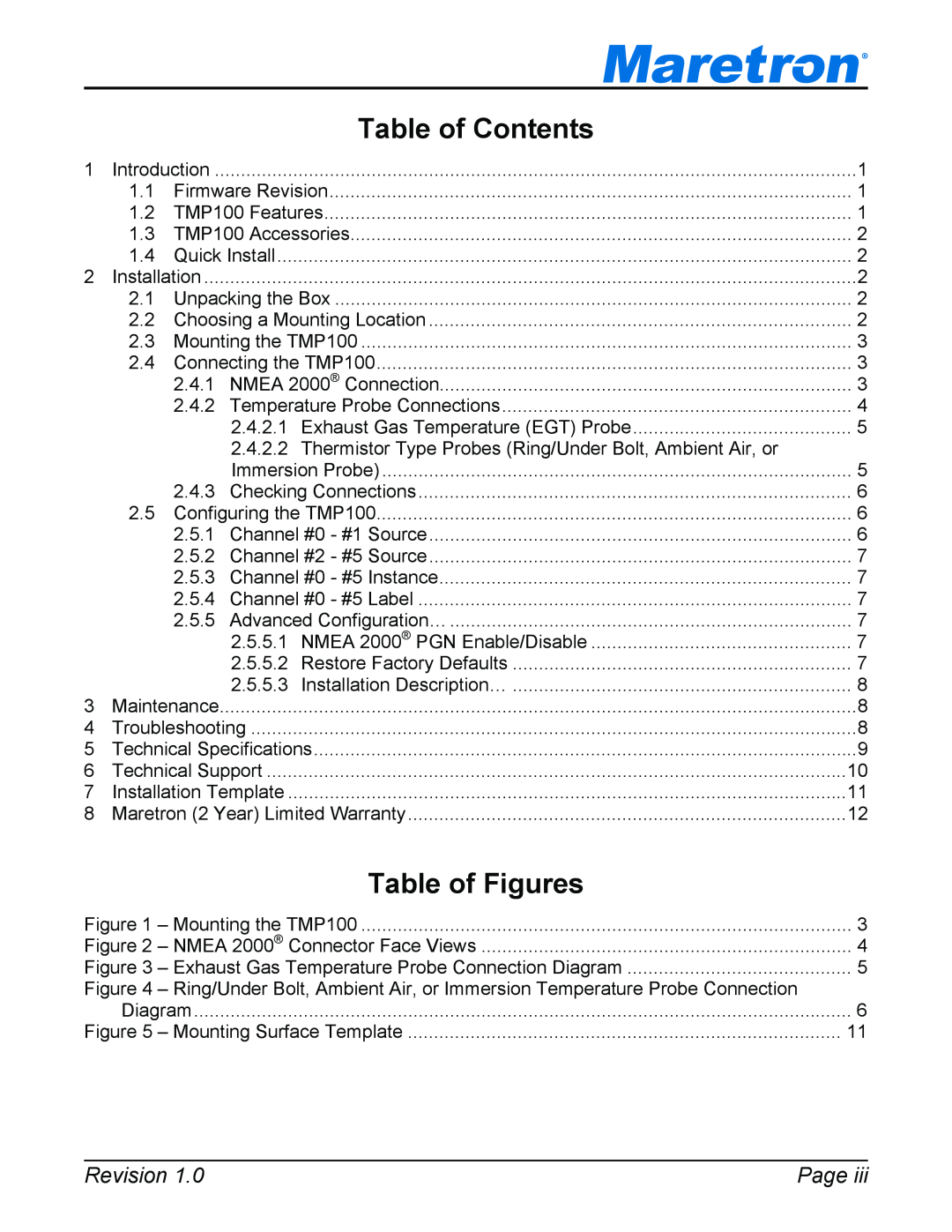 Maretron TP-EGT-1 user manual Table of Contents, Table of Figures, Revision, Page 