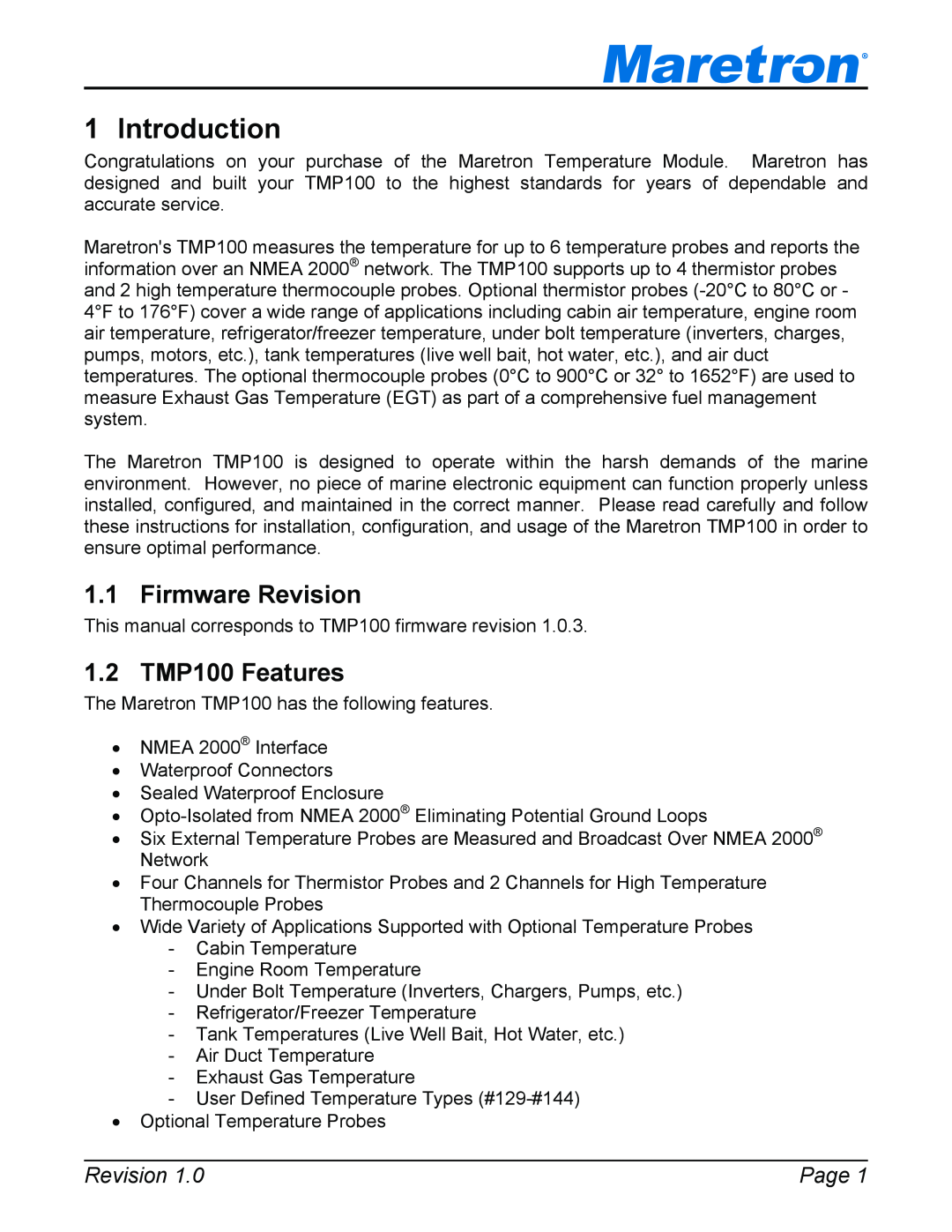 Maretron TP-EGT-1 user manual Introduction, Firmware Revision, 1.2 TMP100 Features, Page 