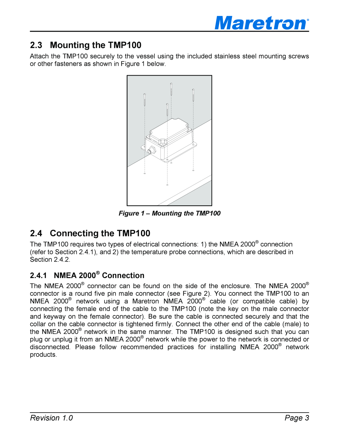 Maretron TP-EGT-1 user manual Mounting the TMP100, Connecting the TMP100, NMEA 2000 Connection, Revision, Page 