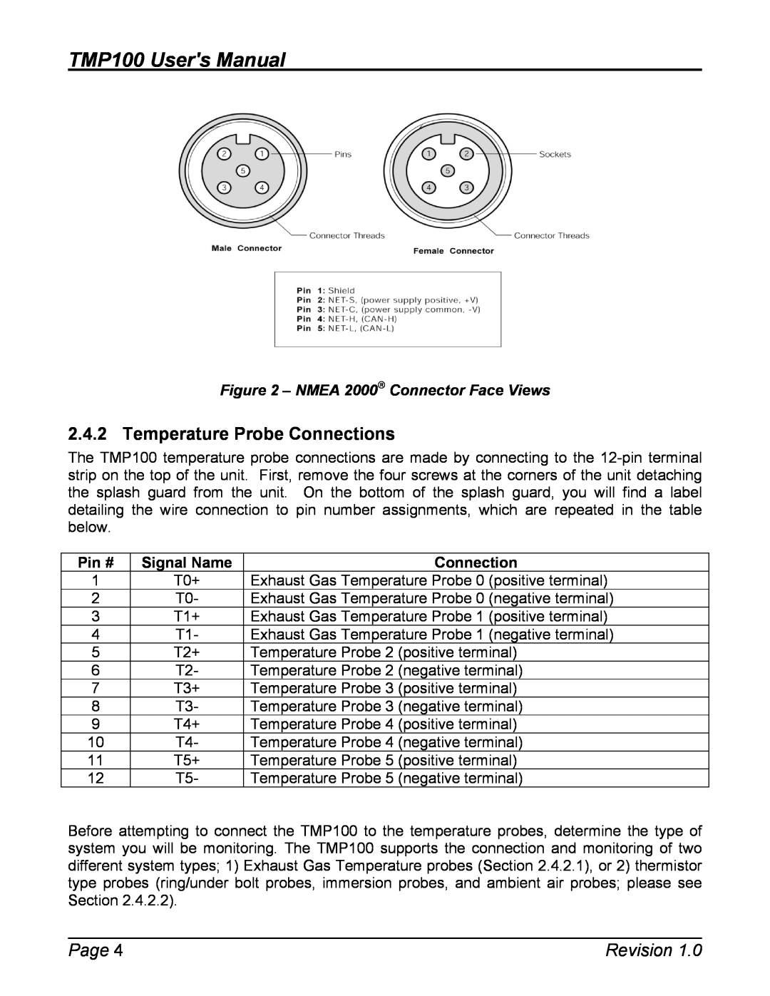 Maretron TP-EGT-1 user manual Temperature Probe Connections, Pin # Signal Name, TMP100 Users Manual, Page, Revision 