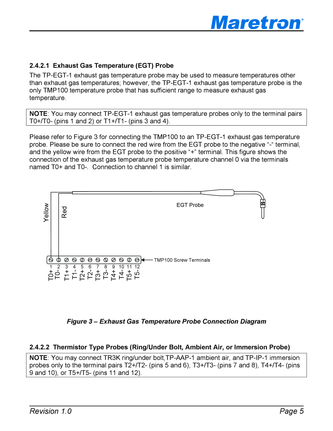 Maretron TP-EGT-1 Exhaust Gas Temperature EGT Probe, Revision, Page, Exhaust Gas Temperature Probe Connection Diagram 