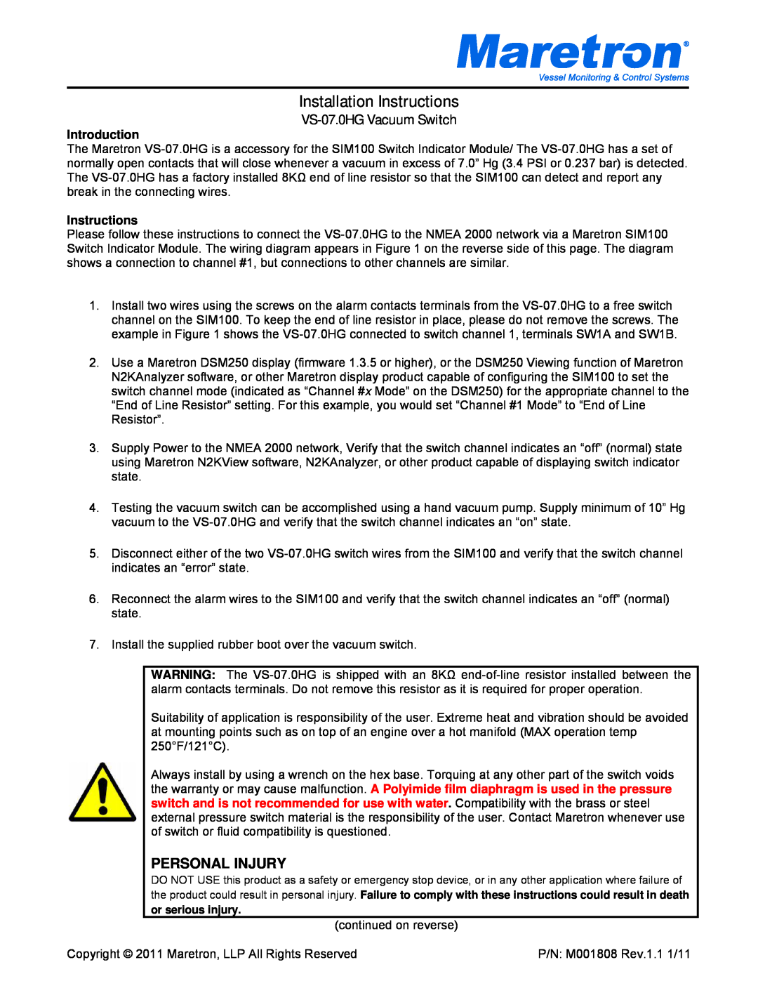 Maretron installation instructions Installation Instructions, VS-07.0HG Vacuum Switch, Introduction, Personal Injury 