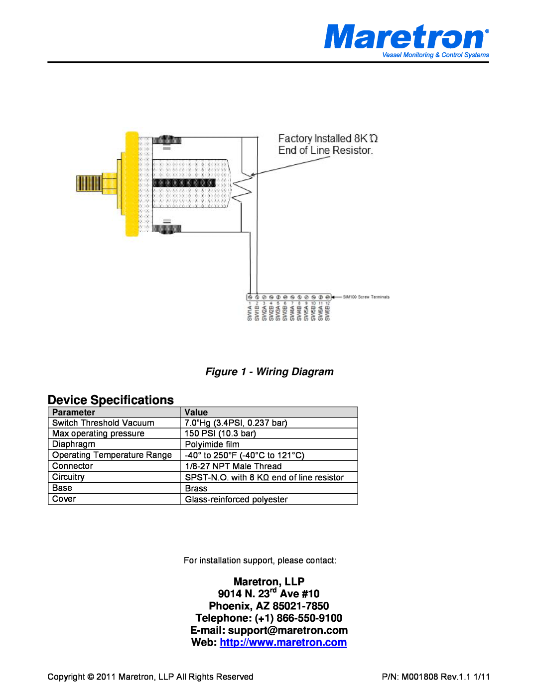 Maretron VS-07.0HG Device Specifications, Maretron, LLP 9014 N. 23rd Ave #10 Phoenix, AZ, Parameter, Value, Wiring Diagram 