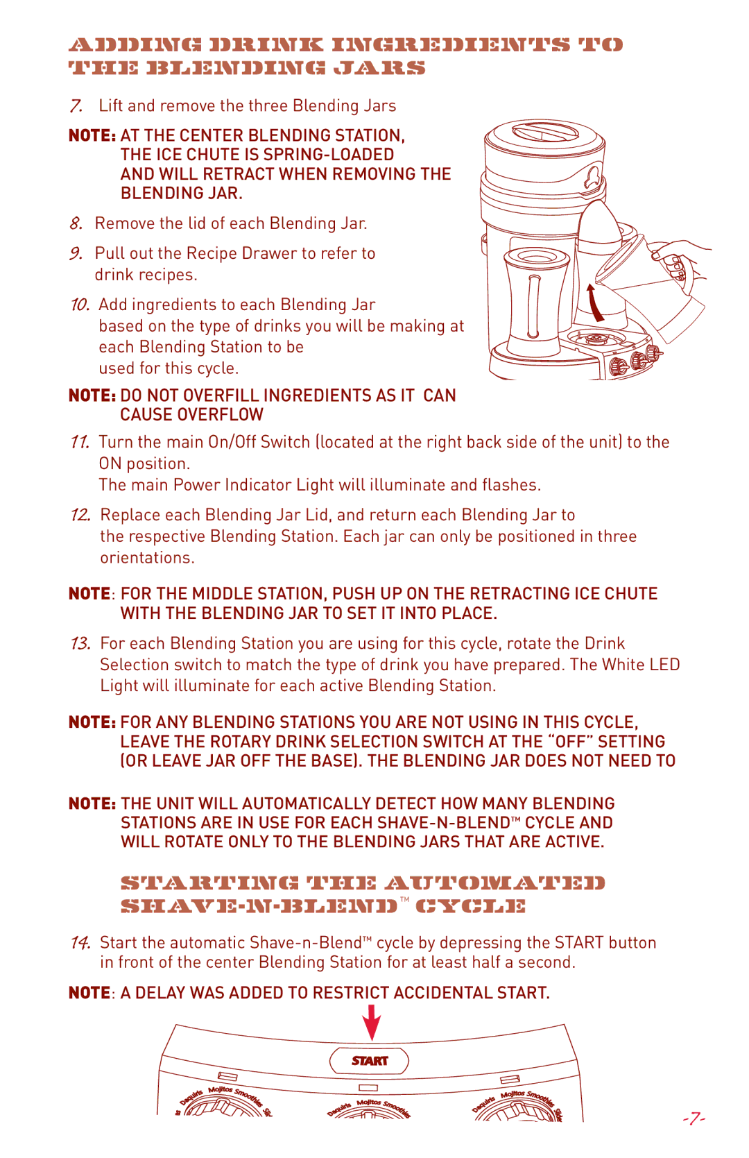 Margaritaville DM3000 user manual Adding Drink Ingredients to the Blending Jars 