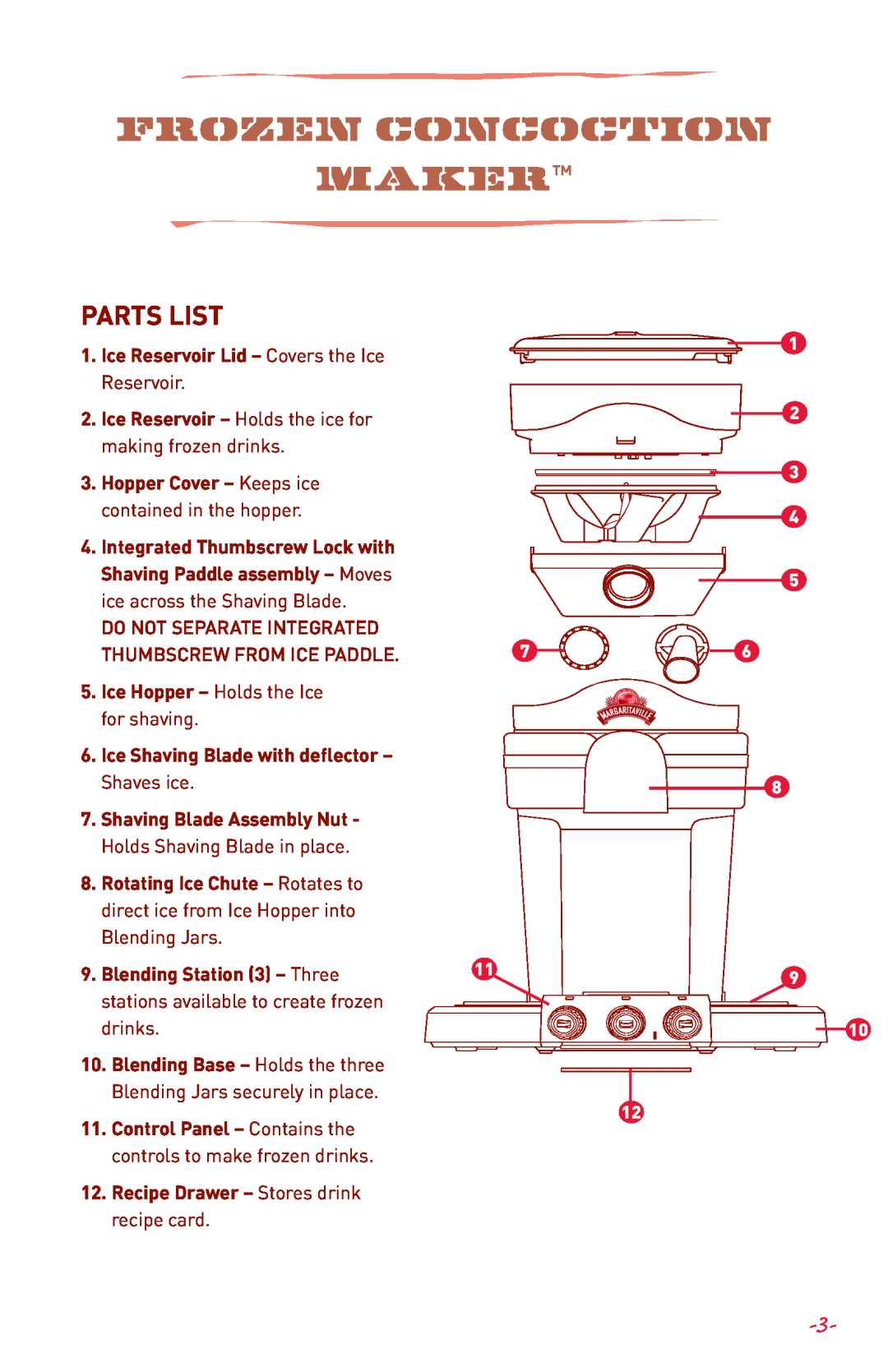 Margaritaville DM3000 user manual Parts List, Frozen Concoction Maker 
