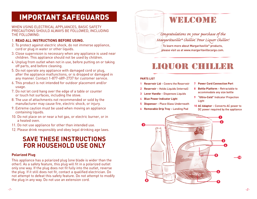 Margaritaville NBMGDC1XXX user manual Welcome, Liquor Chiller, Parts List, Blue Power Indicator Light 