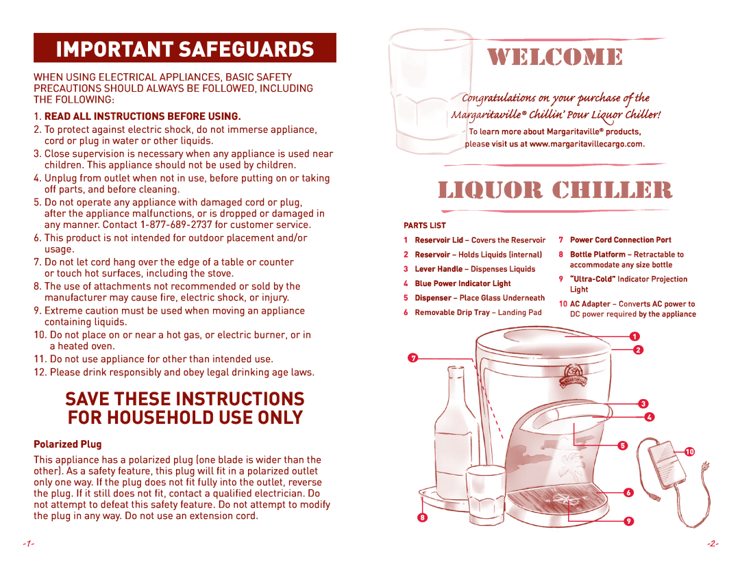 Margaritaville NBMGDC1XXX Welcome, Liquor Chiller, Important Safeguards, SAVE THESE INSTRUCTIONS for household use only 