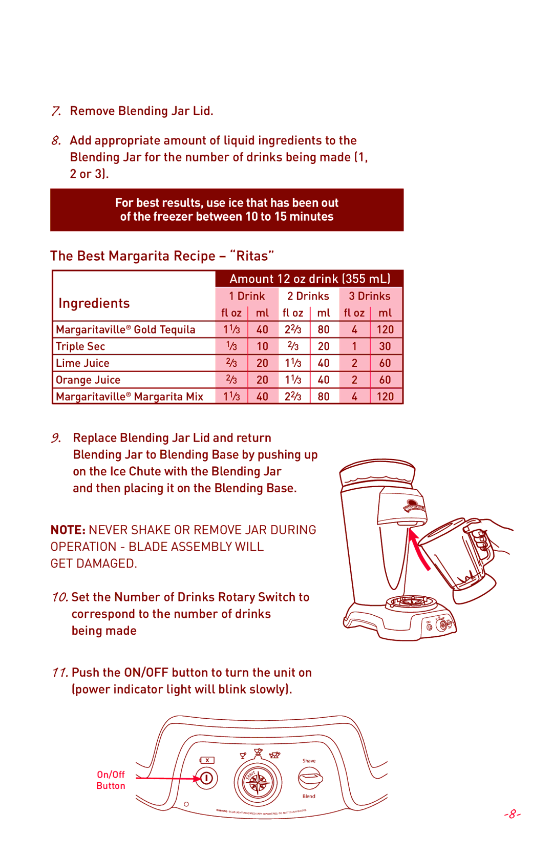 Margaritaville NBMGDM0900 user manual Ingredients, Operation Blade Assembly will GET Damaged 