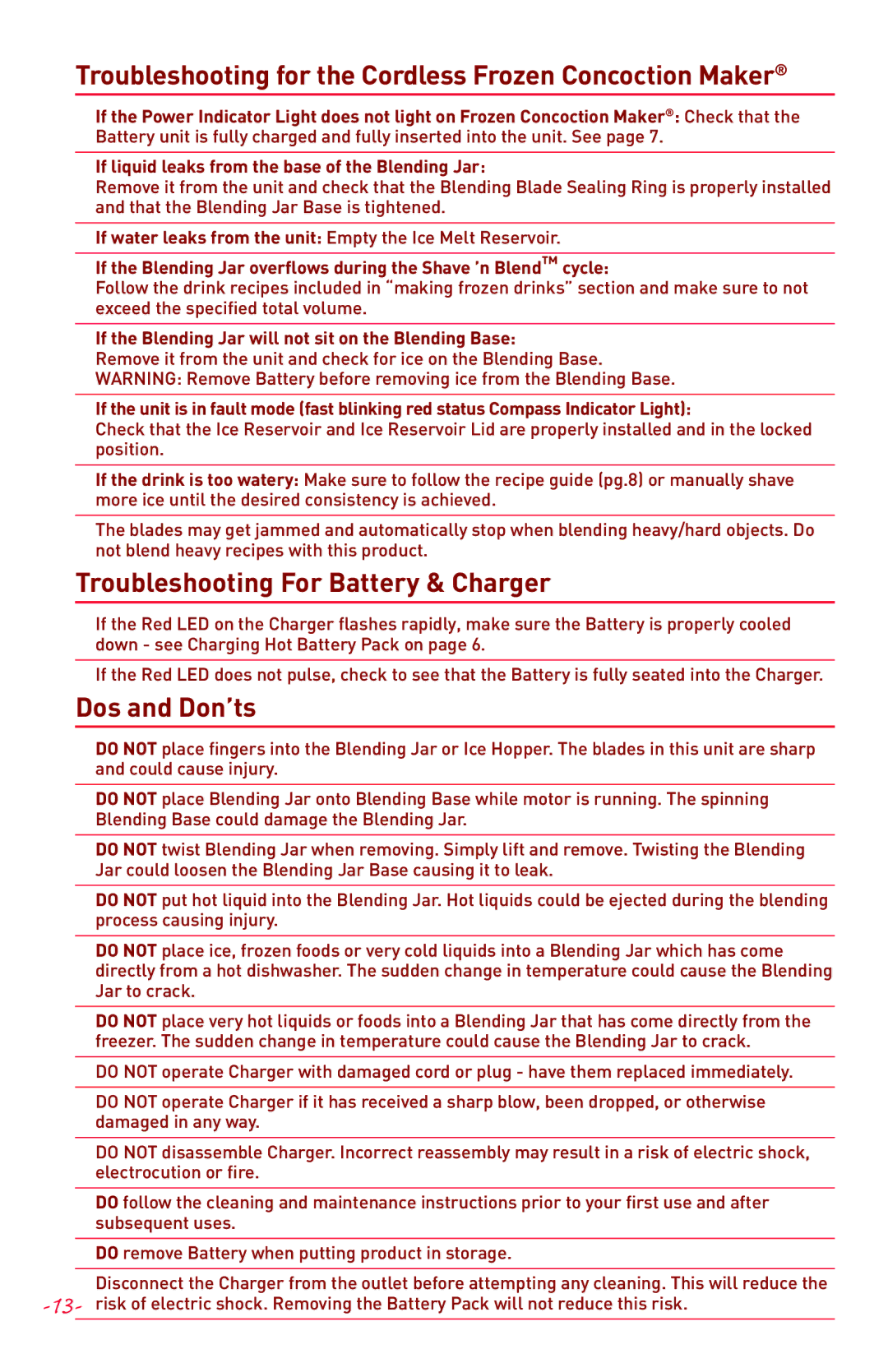 Margaritaville NBMGDM0900 Troubleshooting for the Cordless Frozen Concoction Maker, Troubleshooting For Battery & Charger 