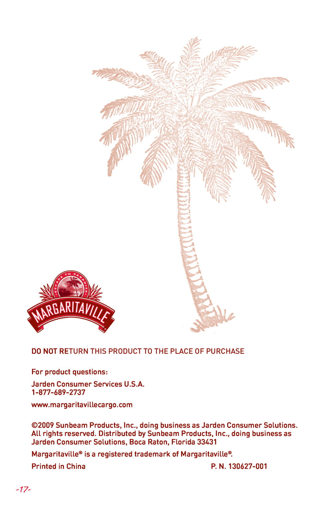 Margaritaville NBMGDM0900 user manual Do Not Return This Product To The Place Of Purchase, P. N 
