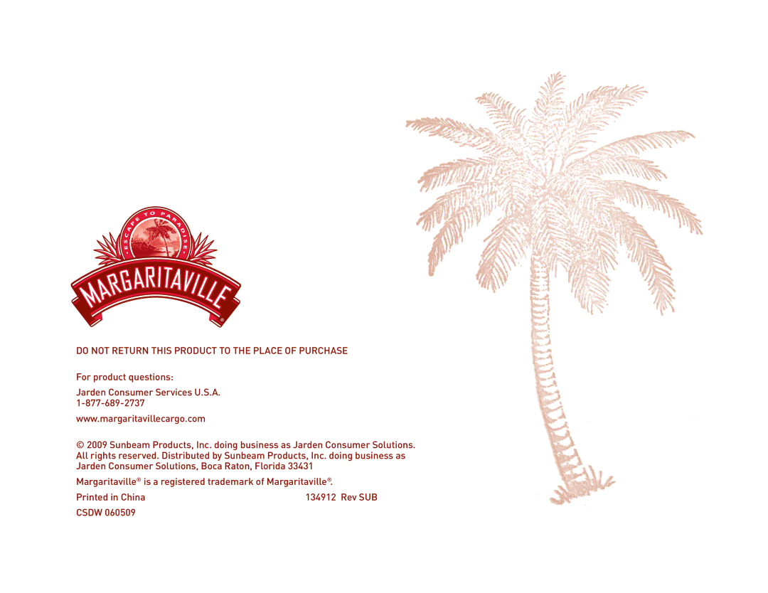 Margaritaville NBMGLG1000, NBMGLG1900 user manual Do not Return this Product to the Place of Purchase 