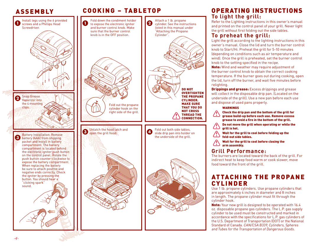 Margaritaville NBMGLG1000, NBMGLG1900 Assembly, Cooking Tabletop, Operating Instructions, Attaching the Propane Cylinder 