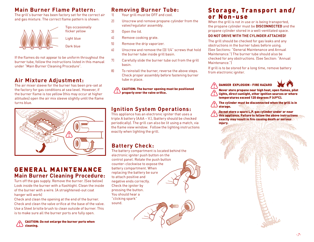 Margaritaville NBMGLG1900, NBMGLG1000 user manual General Maintenance, Storage, Transport and/ or Non use 