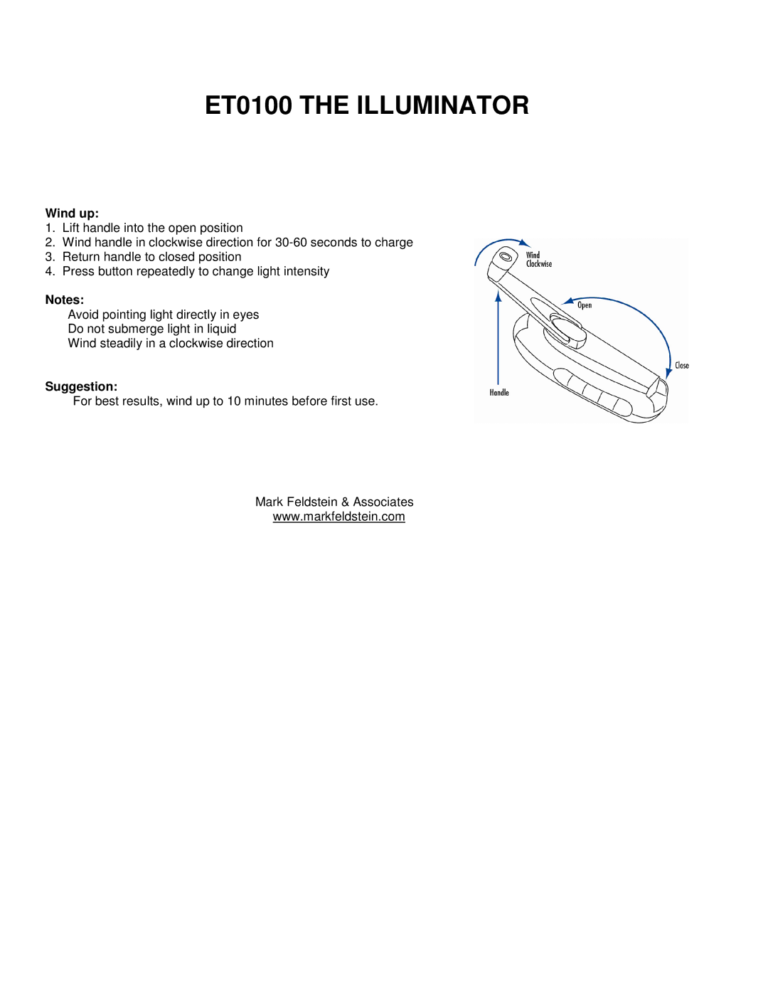 Mark Feldstein & Assoc manual ET0100 the Illuminator, Wind up, Suggestion 