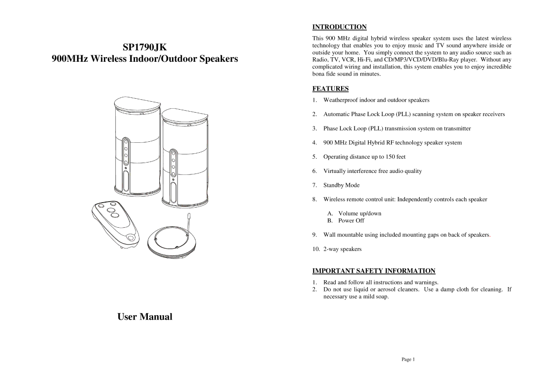 Mark Feldstein & Assoc sp1790jk user manual Introduction, Features, Important Safety Information 