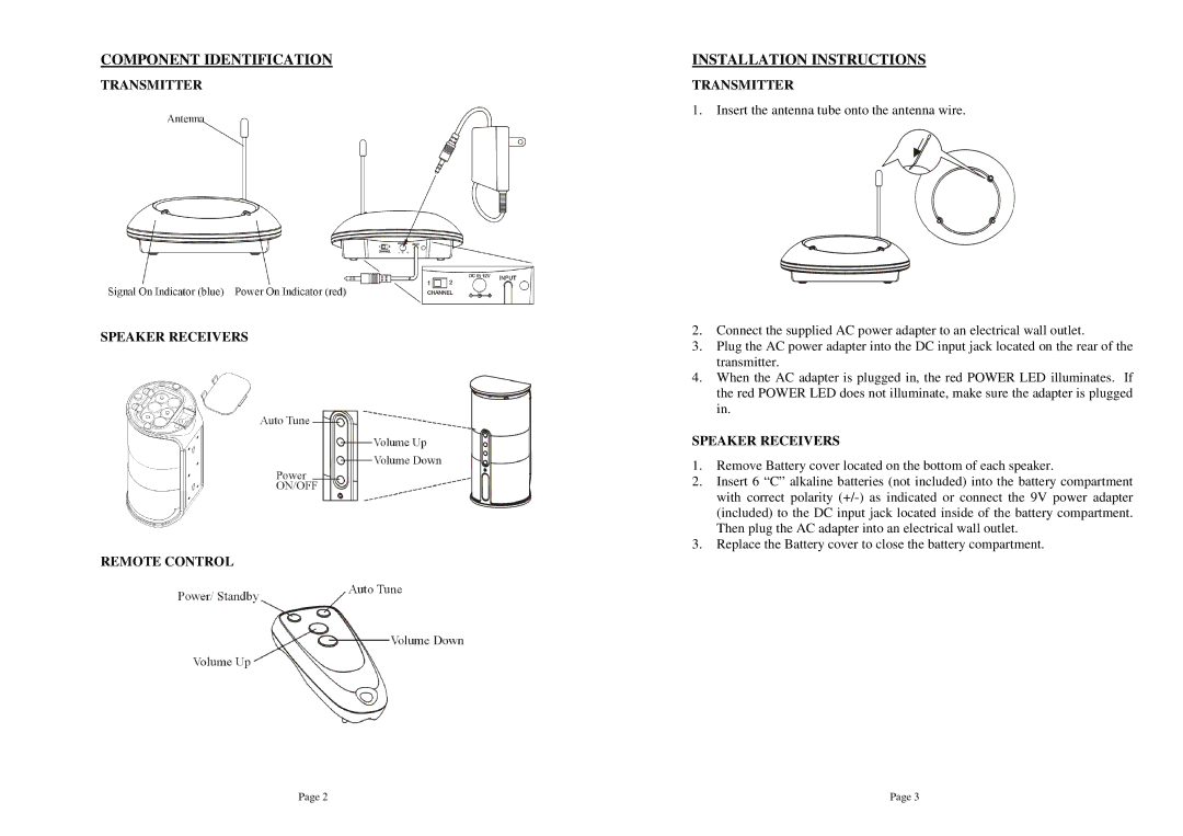 Mark Feldstein & Assoc sp1790jk user manual Component Identification, Installation Instructions, Transmitter 