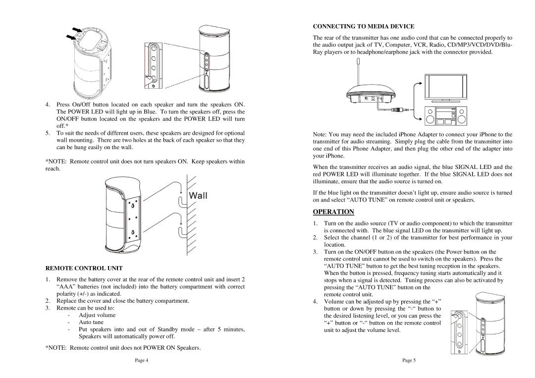 Mark Feldstein & Assoc sp1790jk user manual Operation, Remote Control Unit, Connecting to Media Device 