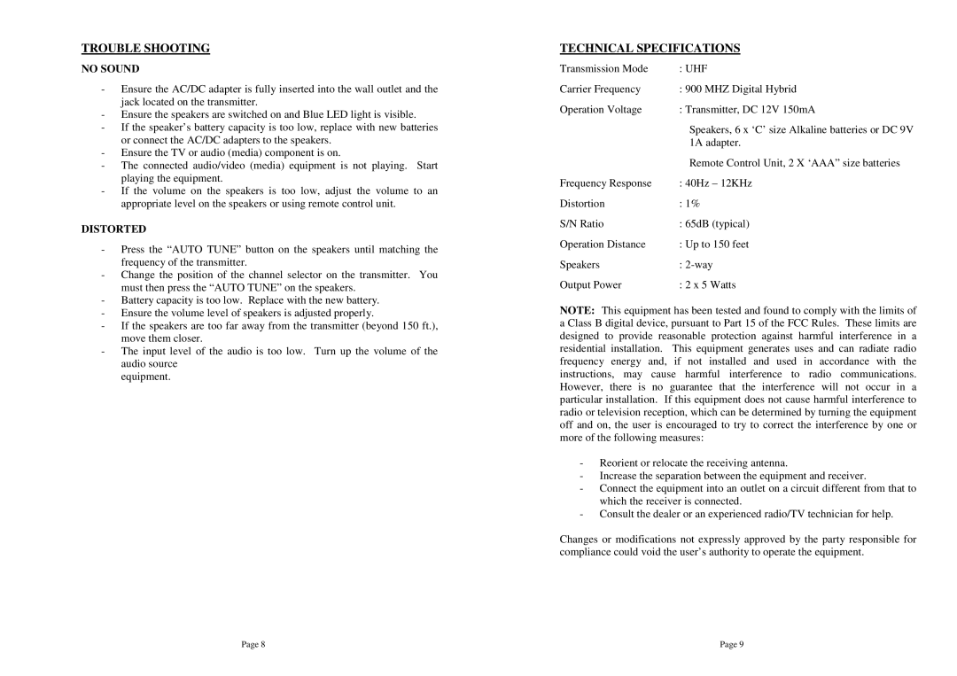 Mark Feldstein & Assoc sp1790jk user manual Trouble Shooting, Technical Specifications, No Sound, Distorted 