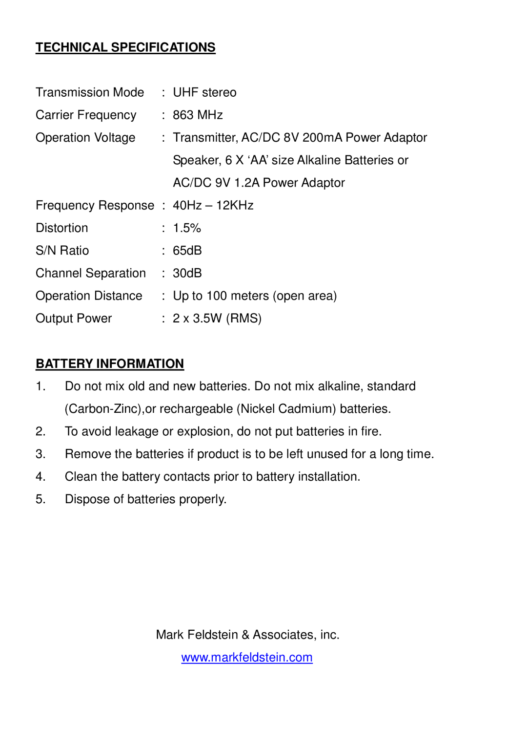 Mark Feldstein & Assoc SP4080 user manual Technical Specifications, Battery Information 