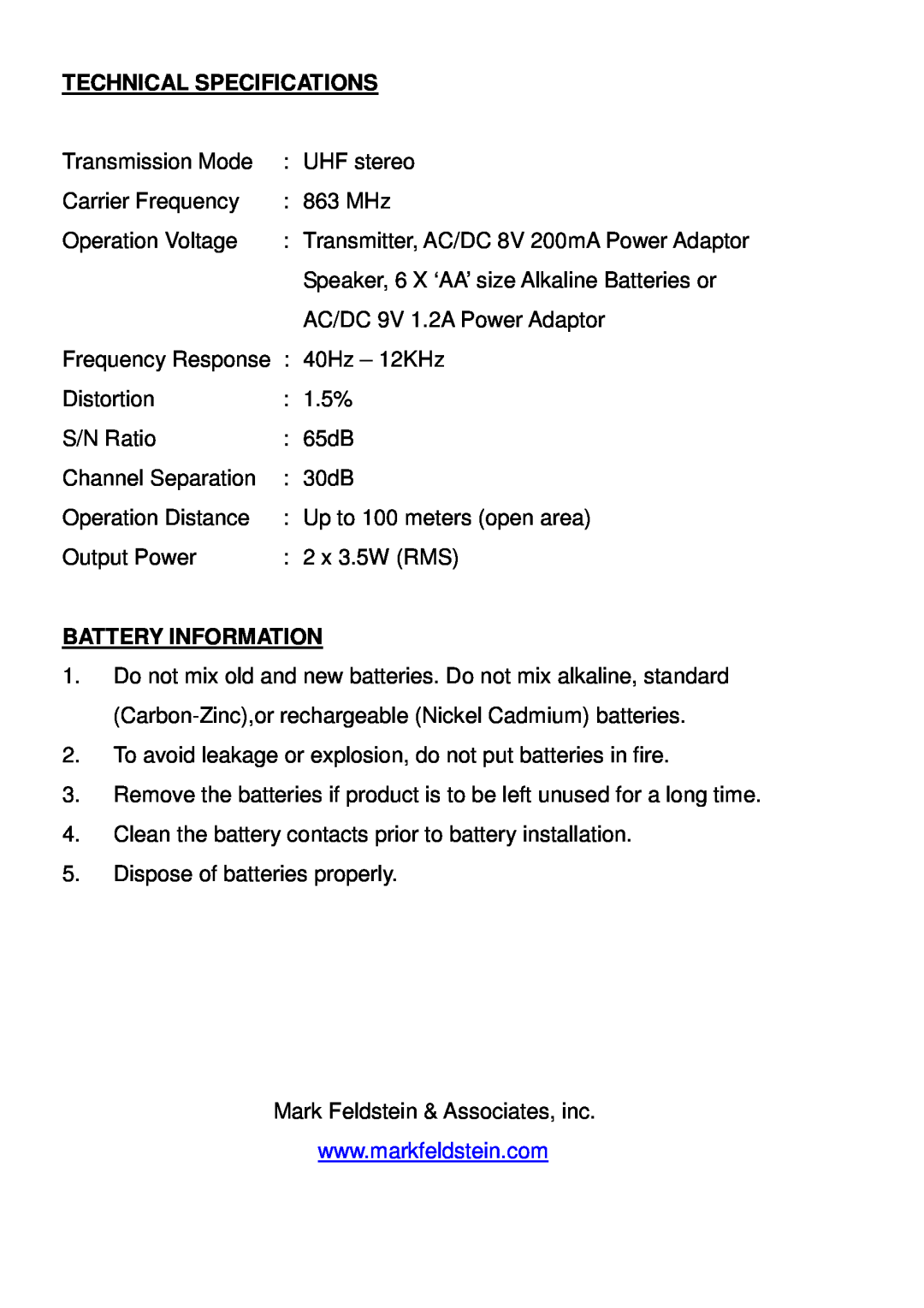 Mark Feldstein & Assoc SP4080 user manual Technical Specifications, Battery Information 